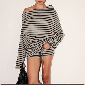 Striped Off-Shoulder Sweater Set with Shorts